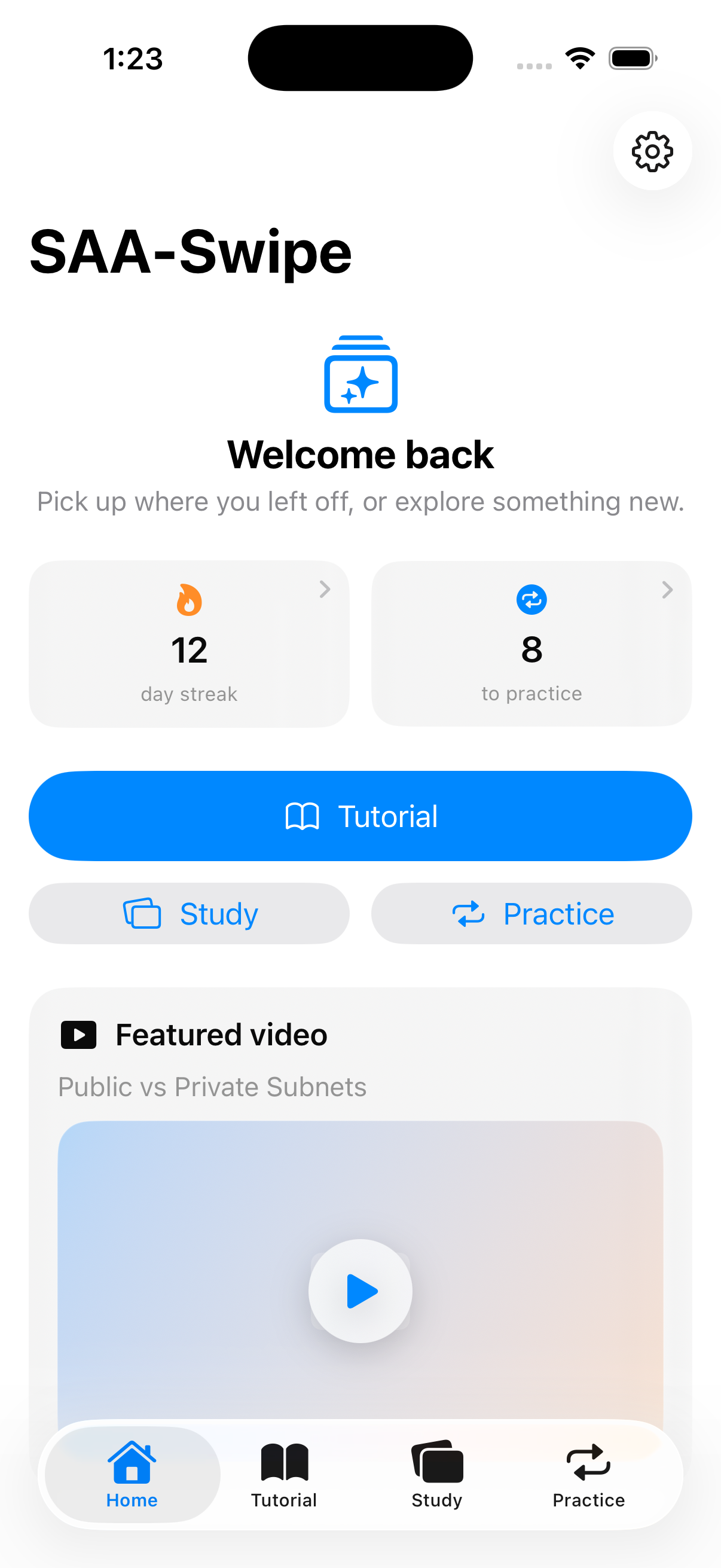 SAA-Swipe home screen showing study progress and an active streak