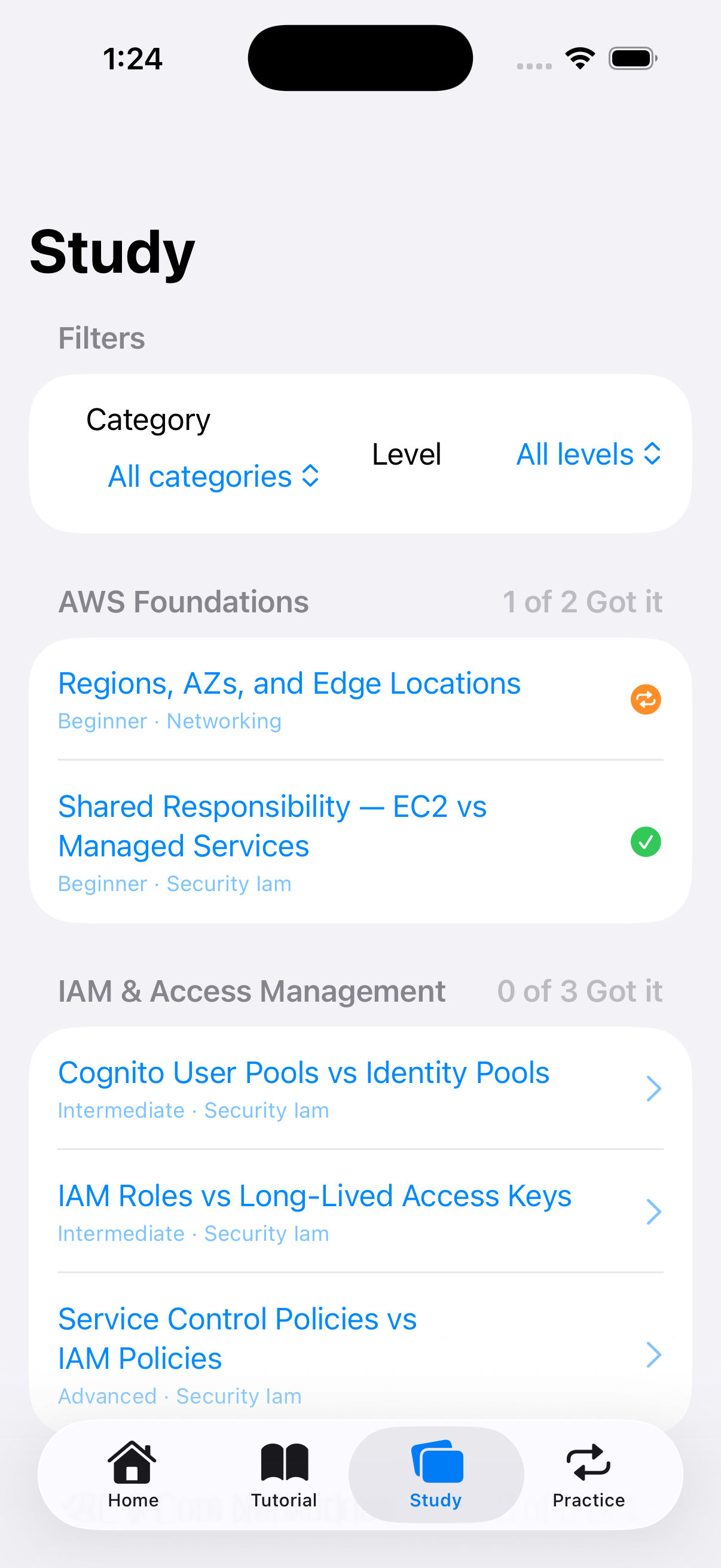 SAA-Swipe study index screen